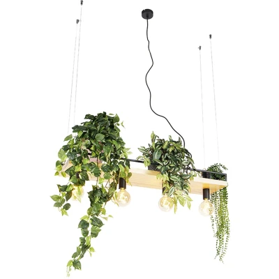Afbeelding van QAZQA Industriële hanglamp zwart met hout 4 lichts Shelf