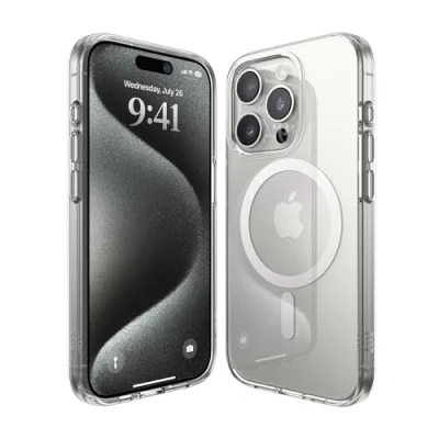 Afbeelding van elago Magnetische hybride transparante beschermhoes, compatibel met iPhone 15 Pro, MagSafe oplader, PC+TPU technologie, Amerikaanse militaire valbescherming (wit)