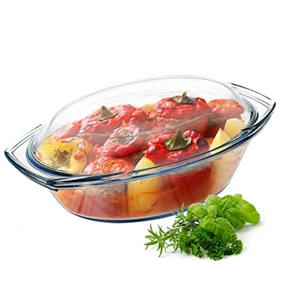 Afbeelding van KADAX Ovenschotel van hittebestendig glas, vuurvast potje, glazen braadpan met deksel en handgrepen, servies voor het braden, oven, elektrische fornuis, lasagne, vlees, transparant (ovaal, 2,9 liter)