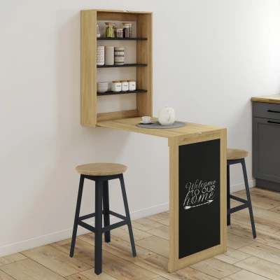 Image de Table murale pliable MACCHIA avec étagères et tableau craie 2 personnes bois noir IDMarket