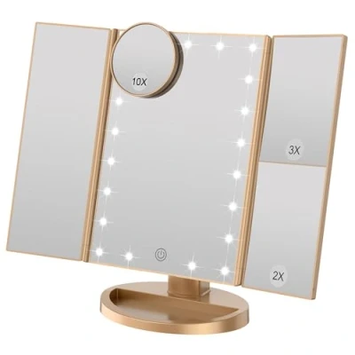 Afbeelding van WEILY Verlichte make up spiegel met 21 ledlampen, dubbele voeding 2X/3X led vergroting (goud)