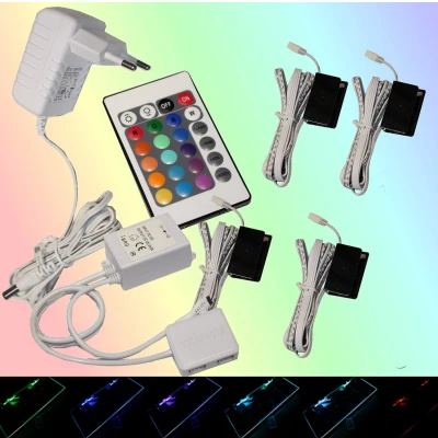 Afbeelding van Trango Set van 4 RGB Kleur Veranderende LED Glazen Randverlichting 5022 04 incl. Afstandsbediening Kastverlichting I Vloerverlichting Vitrine Verlichting Clips Meubelverlichting