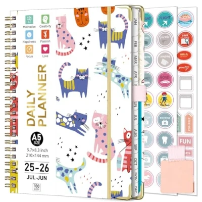 Afbeelding van Gumiho Weekkalender 2025 2026, spiraalbinding, A5 planner (juli juni 2026), 12 maanden, schoolagenda met penlus en planstickers (zwart kat)