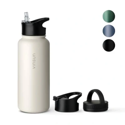 Afbeelding van VINSUN 1 liter thermosfles, roestvrijstalen waterfles met rietje, lekvrij, BPA vrij, herbruikbaar, thermosfles voor sport, school en sportschool