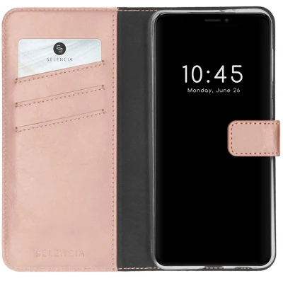 Afbeelding van Selencia Hoesje Geschikt voor iPhone 13 Pro Met Pasjeshouder Echt Lederen Bookcase Roze