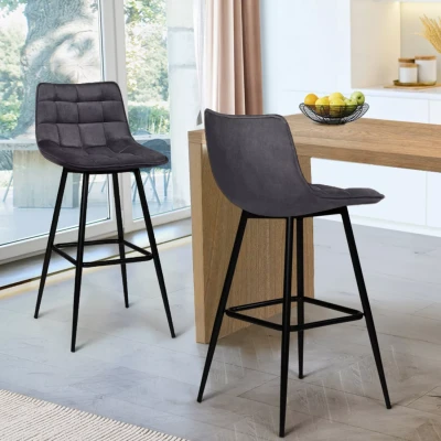 Afbeelding van Lot de 2 tabourets bar MADY en velours gris foncé