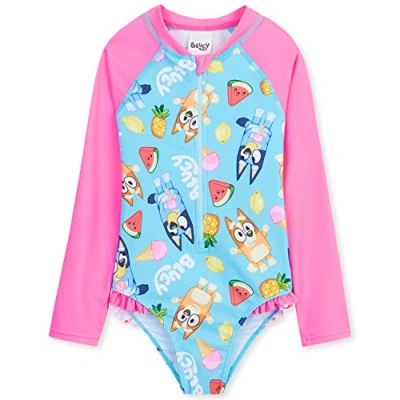 Afbeelding van Bluey Badpak voor meisjes, jongens, baby, 1 stuk, zwempak, lange mouwen, playsuit, zonwering, kinderen, kleding, strand, zomer, 18 maanden 8 jaar, Roze/Blauw