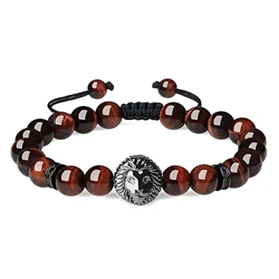 Afbeelding van coai Verstelbare leeuwenkop stenen bedelarmband, Steen, tijgeroog, Tijgeroog