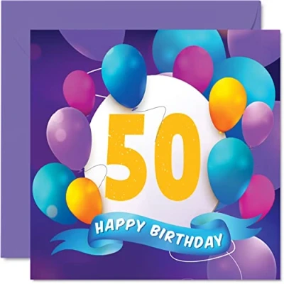 Afbeelding van verjaardagskaart voor de 50e verjaardag mannen en vrouwen, ballonparty, verjaardag, vrouw, mama, papa, tante, oom, opa, oma, broer, zus, 145 mm x