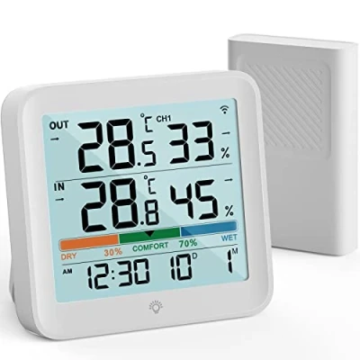 Afbeelding van VOCOO Draadloze thermometer voor binnen en buiten, digitale hygrometer, lcd temperatuur, luchtvochtigheid, met 1 sensor, geheugen van min/max, ℃/℉, luchtcomfortindicator, achtergrondverlichting