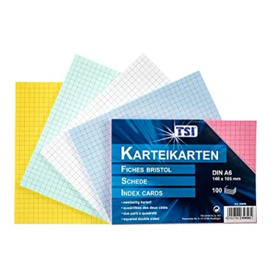 Afbeelding van TSI Indexkaarten, A6, 100 stuks, op kleur gesorteerd, geruit, afmetingen: DIN A6 (148 x 105 mm), artikelnummer 65856