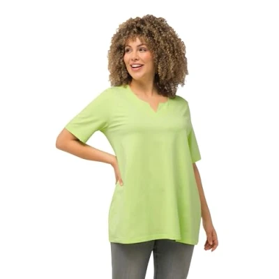 Image de Ulla Popken T shirt pour femme, coupe trapèze, col tunique, manches mi longues, vert citron, 48 50