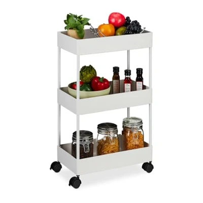 Afbeelding van Relaxdays Serveerwagen met 3 etages voor badkamer en kantoor, rek wieltjes, 65,5 x 40 22 cm, wit