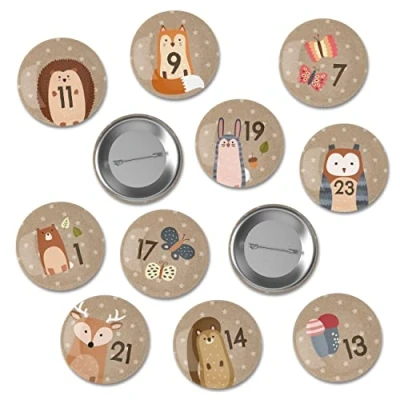 Afbeelding van Papierdrachen 24 stuks genummerde knoppen voor adventskalenders, 35 mm, reversspeldjes het versieren van met cijfers 1 24, bosdieren, ideaal