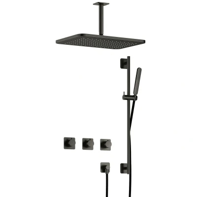 Afbeelding van Hotbath Gal Regendoucheset IBSGL70 Geborsteld Gunmetal PVD Staaf Handdouche 40cm Hoofddouche 15cm Plafondbuis met glijstang