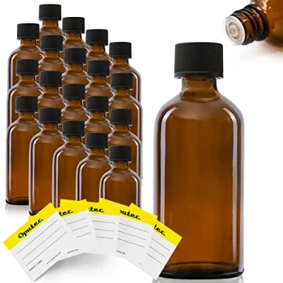 Afbeelding van Oputec 20 x 100 ml glazen druppelflesjes + etiketteringsetiketten bruine apothekersflessen met druppelaar kleine flessen schroefsluiting