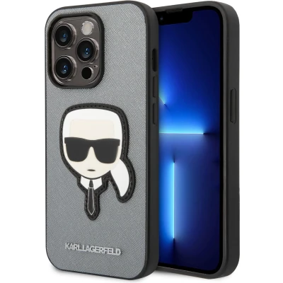 Afbeelding van Karl Lagerfeld KLHCP14XSAPKHG iPhone 14 Pro Max 6.7 zilver/zilver hardcase Saffiano Karl`s Head Patch