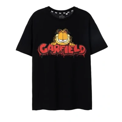 Afbeelding van Garfield Heren T shirt in Zwart Urban Graffiti Graphic met korte mouwen voor volwassenen Spray Can Effect Streetwear Cartoon Top Nostalgisch modemerchandise cadeau uit de jaren 90,