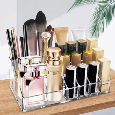 Afbeelding van Ubitree Makeup Organizer, Cosmetische Vitrine met 16 Secties voor Lippenstift Kwast Eyeliner Nagelgels Parfum, Acryl Opbergdoos Badkamer Aanrecht, Kaptafel (Doorzichtig)