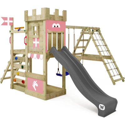 Afbeelding van WICKEY speeltoestel ridderkasteel DragonFlyer met schommel &amp; pastelroze glijbaan, outdoor kinderklimtoren zandbak, ladder speelaccessoires voor de tuin