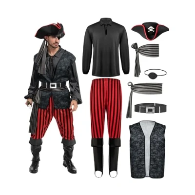 Afbeelding van Spooktacular Creations Zwart piratenkostuum voor mannen en volwassenen, Halloween, kostuumfeest, toren of traktatie, cosplay feest