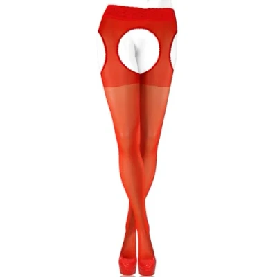 Afbeelding van Sesto Senso Panty met bandjes, open kruis, kanten kousenband riem, 15 denier, Rood