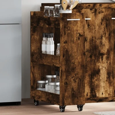 Afbeelding van Kast met wieltjes 60x22x79 bewerkt hout gerookt eikenkleurig
