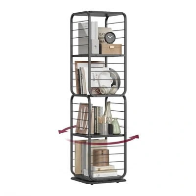 Afbeelding van VASAGLE Boekenkast met 4 niveaus, draaibare planken boekensteun voor kleine ruimtes, hoekrek, stalen frame, houtzwart en inktzwart LLS127B56