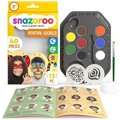 Afbeelding van Snazaroo Animal World Gezichtsverfpalet voor kinderen en volwassenen, 8 kleuren, 13 stuks, sjablonen, kwast, spons, gids, op waterbasis, gemakkelijk wasbaar