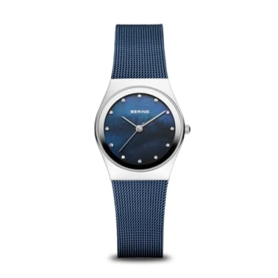 Afbeelding van BERING 12927 307 Quartz dameshorloge, 27 mm, zilverkleurige roestvrijstalen behuizing en blauwe wijzerplaat, Milanese armband, saffierglas, 3 ATM