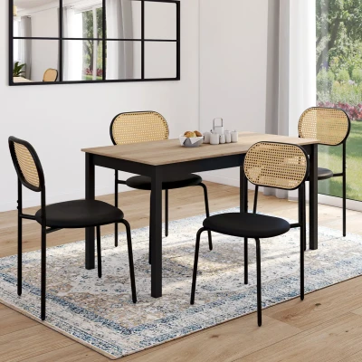 Afbeelding van Set van 4 vintage CLOTILDE zwart metalen eetkamerstoelen met rieten rugleuning