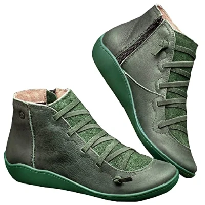 Afbeelding van Kinloy Veterlaarzen voor dames met ondersteuning van de voetboog en platte hak, ritssluiting aan zijkant, waterdicht, vintage, leer, antislip, herfst, winter, vrijetijdsschoenen, maat 36 41, Groen