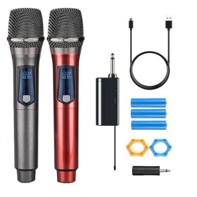 Afbeelding van HUACAM Oplaadbare draadloze microfoon, dynamische dubbele microfoon voor karaoke, bruiloft, DJ, feest, toespraak, kerk, klaslokaal, geluidssysteem, 61 m, grijs en