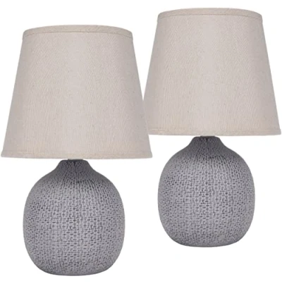 Afbeelding van BRUBAKER Set van 2 tafel of bedlampjes, 28,5 cm, bruin/beige, keramische lamppoten met structuur, linnen lampenkappen beige