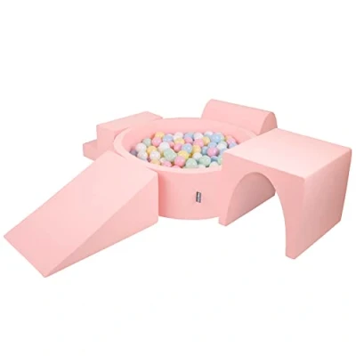 Afbeelding van KiddyMoon Speelplaats van schuim met rond ballenbad (300 ballen) ballenbakken voor kinderen speelgoed hindernisbaan, gemaakt in de EU, Roze: pastelblauw/pastelgeel/wit/mint/poederroze