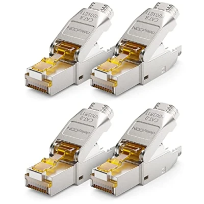 Afbeelding van deleyCON 4 x CAT 8 netwerkstekker RJ45 zonder gereedschap 40 Gbit/s afgeschermd voor stijve installatiekabels, ruwe kabel, RJ45, ethernet, LAN DSL patchkabel
