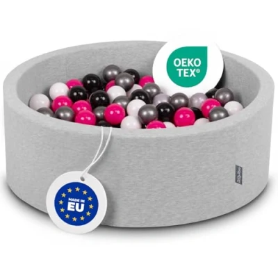Afbeelding van KiddyMoon 90 x 30 cm/300 ballen, diameter 7 cm, rond, gemaakt in de EU, lichtgrijs: wit zwart zilver donkerroze