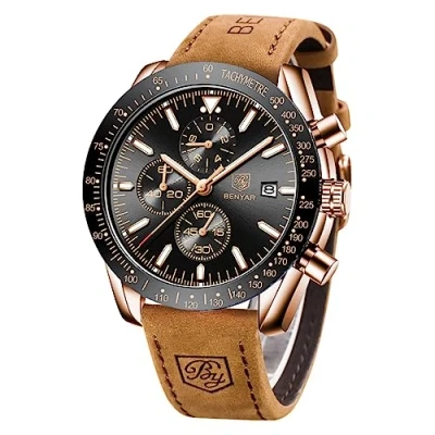 Afbeelding van BENYAR Herenhorloge Quartz Sport Chronograaf Mode Zakelijk Luxe Merk Waterdicht Horloge Analoog Datum Heren Bruin Leren Heren, Zwart goud, Riem