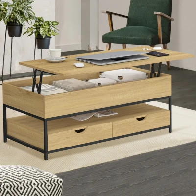 Image de Table basse plateau relevable rectangulaire DETROIT avec 2 tiroirs design industriel IDMarket