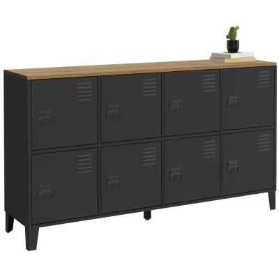Image de Buffet casier 139 cm ESTER 8 portes en métal noir plateau bois design industriel