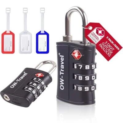 Afbeelding van OW Travel TSA hangslot voor koffer. 3 cijferig slot code ABS diefstalbeveiliging bagage kluisje opslag tent camping combinatie USA. Vliegtuig reisaccessoires: kofferslot TSA007, 30)