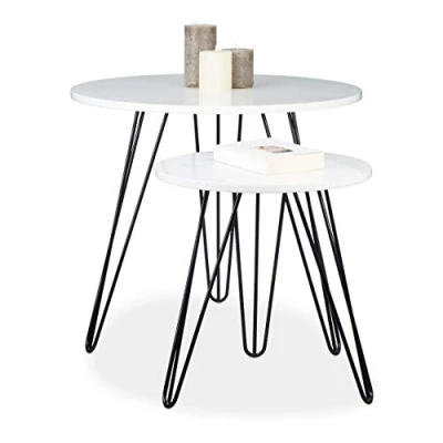Afbeelding van Relaxdays bijzettafel wit set van 2 stuks hout &amp; metaal glanzend gelakt salontafel Rond