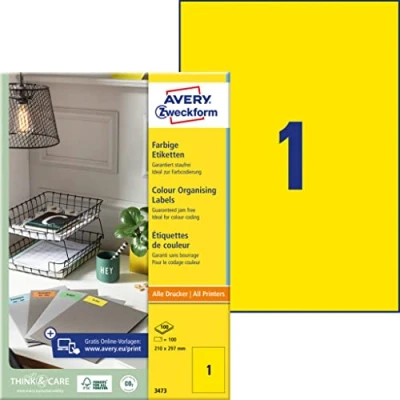 Afbeelding van Etiket Avery Zweckform 3473 210x297mm A4 geel 100stuks