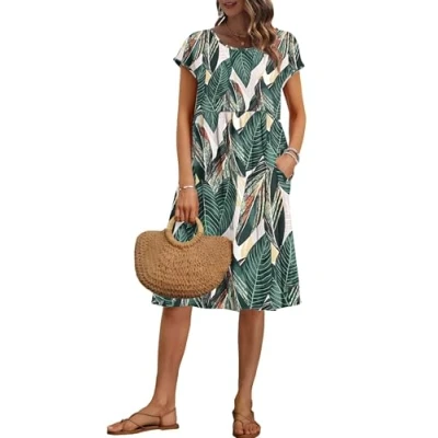 Afbeelding van AUSELILY Zomerjurk voor dames, halflang, korte mouwen, knielang, los, casual, Empire stijl, met zakken, Print bladeren, XL