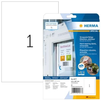Image de Herma 4577 résistante aux intempéries d&#039;écran Étiquettes (A4, 210 x 297 mm résidus Mat Résistant Lot de 20), blanc
