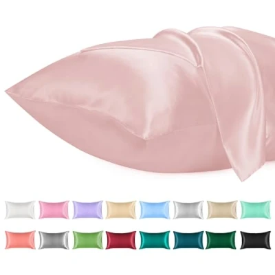 Afbeelding van Lirex Set van 2 satijnen kussenslopen, standaardmaat zachte effen kleur microvezel, envelopsluiting, kreukvrij, lichtbestendig, ademend (50 x 70 cm, lichtroze).