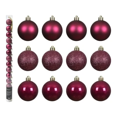 Afbeelding van Decoris Kleine kerstballen 14x kunststof donkerroze 3 cm kerstversiering