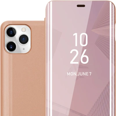 Afbeelding van Cadorabo Hoesje geschikt voor Apple iPhone 11 PRO in KUNZIET ROZE Clear View Spiegel Beschermende Case met Tribunefunctie 360 Graden Bescherming Book Cover Etui