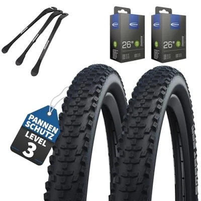 Afbeelding van 2 delige set Schwalbe fietsbanden Smart Sam K Guard HS624, 26 x 2.10 inch buitenband (54 559), met binnenbanden AV / Autoband ventiel + 3 MSZweirad bandenlichters