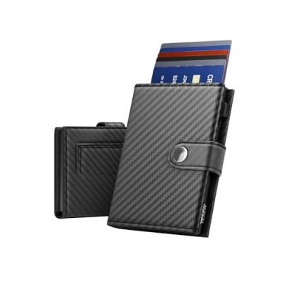 Afbeelding van YESIIW portemonnee voor heren van leer met RFID blokkering, intelligente minimalistische magnetisch muntvak, drievoudige creditcardhouder, sluiting, Koolstofvezel A002, Minimalistisch